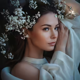 a woman wearing a white shirt posing with flowers on her head