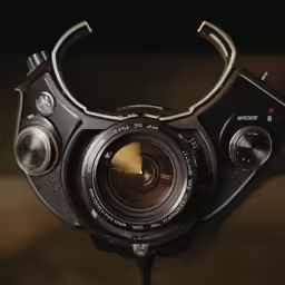 a close up of an old camera on a stand