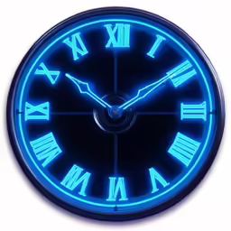 a blue neon clock is on the wall