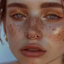 a beautiful young woman with freckles on her nose wearing a nose piercing,a woman with freckles is seen wearing gold nose piece
