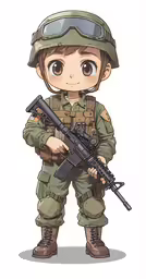 a boy in military uniform holding a machine gun