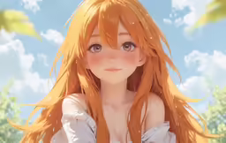 an anime anime character with orange hair standing in front of trees