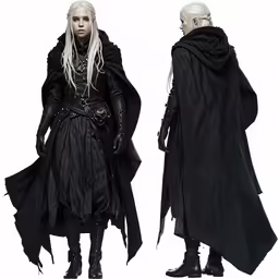 two men in black coats and long black dresses