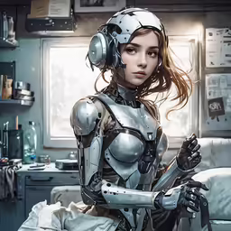 a beautiful lady wearing armor and holding her arms out in a kitchen
