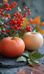 a table with orange and two apples on it