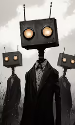 a man is standing surrounded by robots in a field