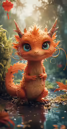 an orange furry animal with big blue eyes sitting on a forest floor