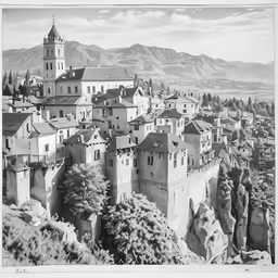 black and white photo of a medieval town on a cliff