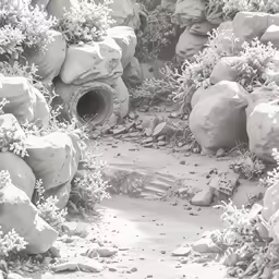 the photo is in black and white of rocks, dirt and plants