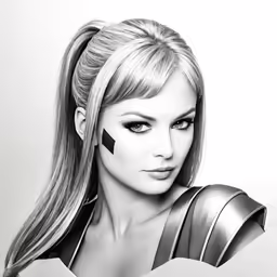 a black and white photo of a woman with long blond hair