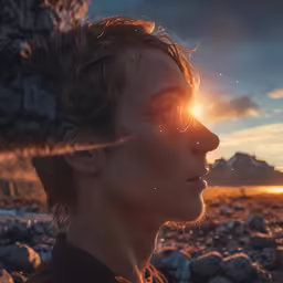 the man stares into the distance, with rocks in the background