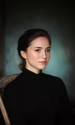 a beautiful young woman sitting in a chair wearing black