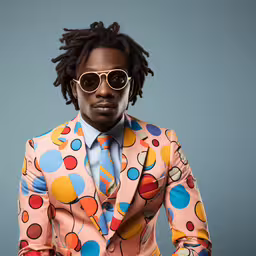 a man with large glasses and an odd colored suit with a tie,the man is wearing a suit and tie with polka dots