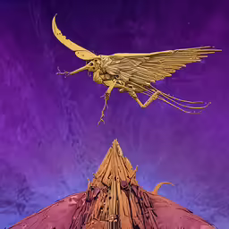 a purple background with a bird that is flying over the roof