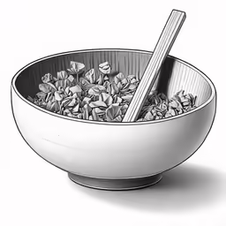 a black and white photo of a bowl filled with leaves