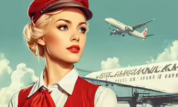 the girl in a red hat is near an airplane