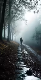 a man walking on a trail in the foggy woods