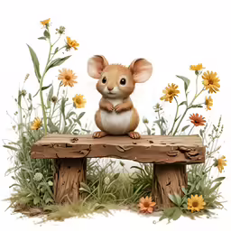 a cartoon rat sits on a bench made out of wood with flowers