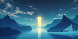 an image of a lake with a giant light coming from it