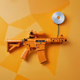 an orange toy gun, on yellow background with a magnifying glass