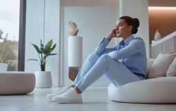 a beautiful woman sitting on top of a white couch