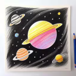 there is a drawing with a pencil and some balls of paper,a drawing of the solar system,a drawing with colored pencils that look like planets,a drawing is shown with a pencil and a note pad,a drawing of the solar system and its planets