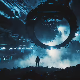 the man stands in a smoke filled pit