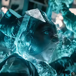 a person standing with an icy head and ice