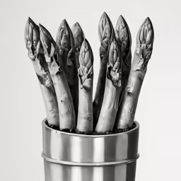 some wilted asparagus sticking out of a metal container