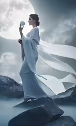 a beautiful woman in white holding an egg on a rock with the moon in the background