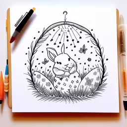 a sketch of a bunny sitting under a umbrella,a drawing of an animal on white paper,a drawing of a rabbit in the grass, with stars on it,an ink drawing with markers and pencils,a drawing of an bunny sitting in some grass