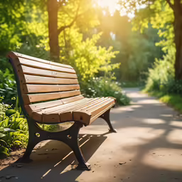 an empty wooden park bench in front of trees