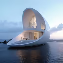 a curved white building sitting next to the ocean