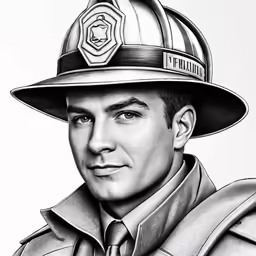 a black and white drawing of a firefighter