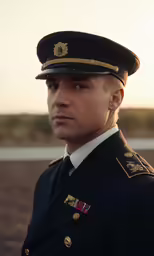 a man in military uniform with the sun shining in the background