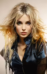 a woman with blond hair posing in black leather