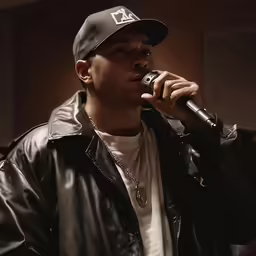 man in black leather jacket with silver chain holding a microphone