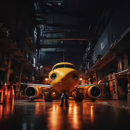 a yellow airplane inside a large building with lots of windows