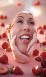 the beautiful lady is smiling with strawberrys scattered around her