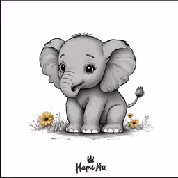 a baby elephant with flowers and a name tag on the front