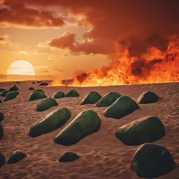 rocks set in a desert during sunset with lava
