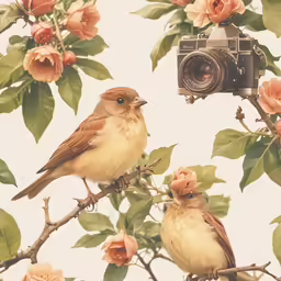 birds sitting in a tree next to a camera