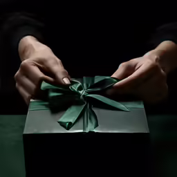 a person pulling a green bow on top of a box