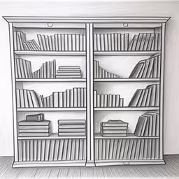 an empty bookshelf filled with lots of books,an illustration of a bookcase with books,the sketch of bookshelf with books on the shelf,a line drawing of a bookcase with books on shelves,a drawing of a bookcase with books sitting on shelves