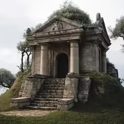 a stone building with columns and statues in front of it