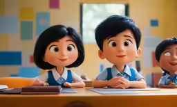 the three animation characters are posed on a desk