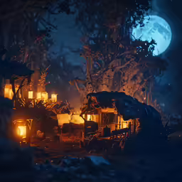 a cabin with lanterns on a snowy night