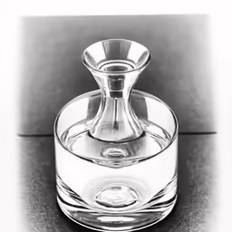 a glass bottle and a glass lid sit on a table