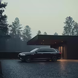 a luxury vehicle parked at the entrance to a large home