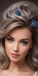 a woman with long hair is wearing blue and grey makeup